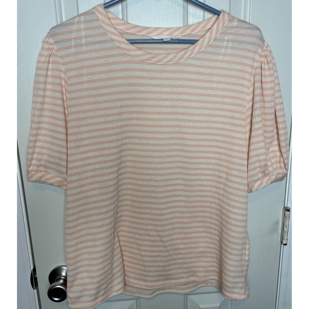 LC Lauren Conrad Women's Stripe Peach Puff Short Sleeve Knit Blouse Large